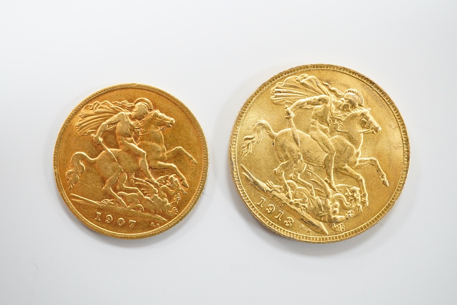 British gold coins, George V, gold sovereign, 1913P, good VF, and Edward VI, gold half sovereign 1907, fine
